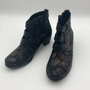 Remonte Black Floral Ankle Boots Bronze Metallic Buckle Side Zip EU 37 US 6.5-7